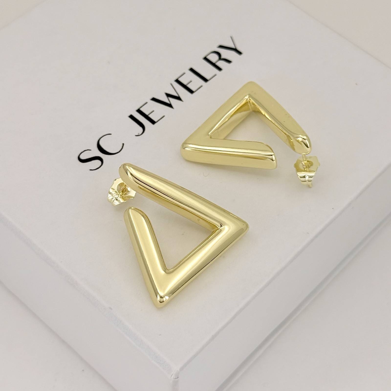 Chunky 14K Gold Plated Triangle Hoop Stud Earrings | Lightweight Modern Jewelry