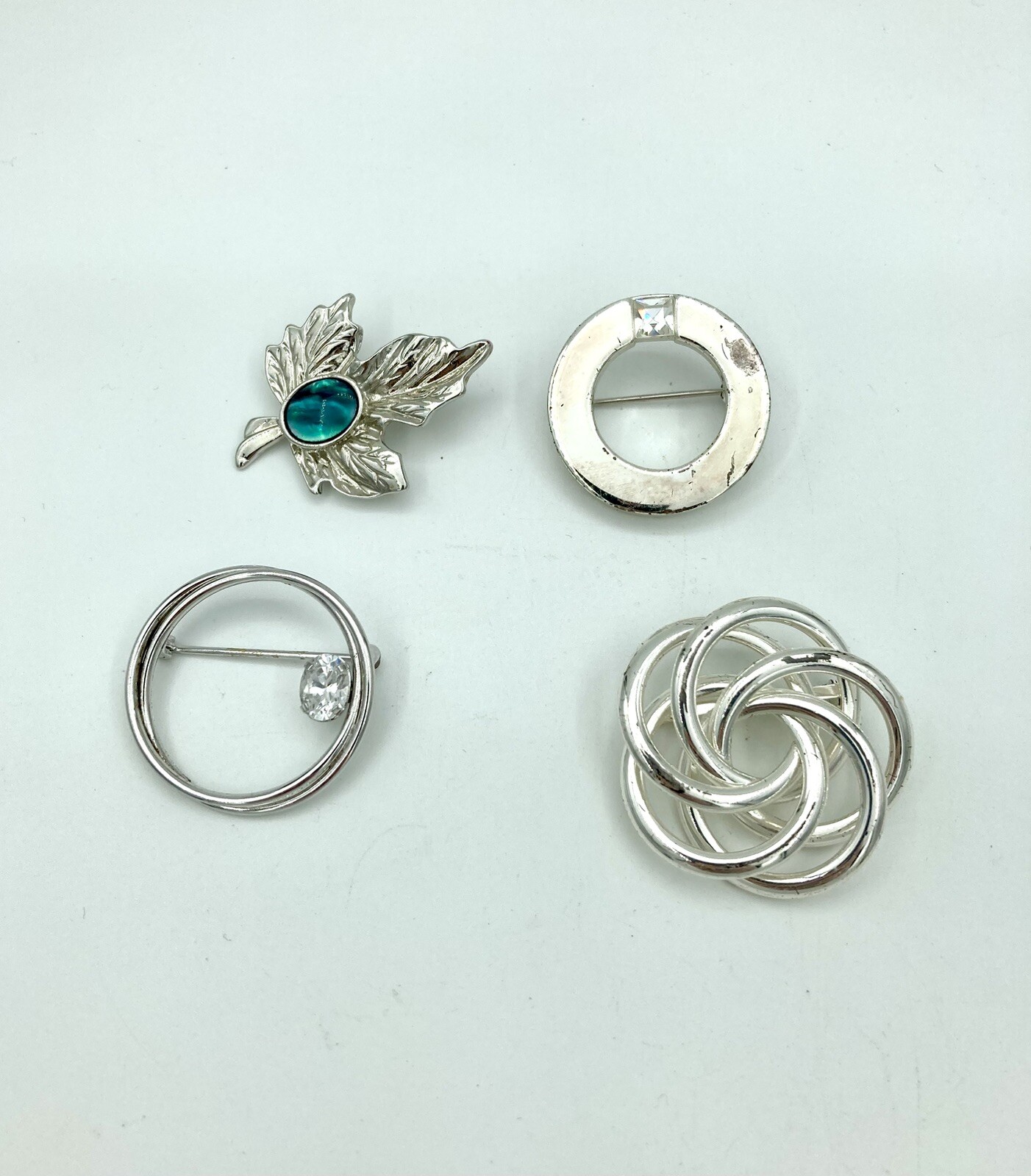 Vintage 3 Brooches – De Curtis Sterling Round, LP Leaf W Blue Rhinestone, Circle