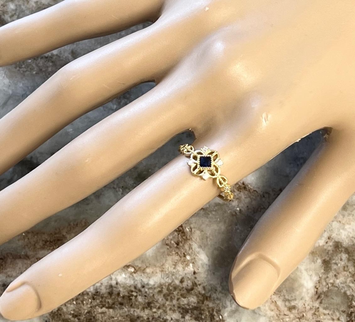 Real Blue Sapphire & Diamond 14K Y Gold on SOLID 925 Ring SZ 8 1/4 Victorian Rev