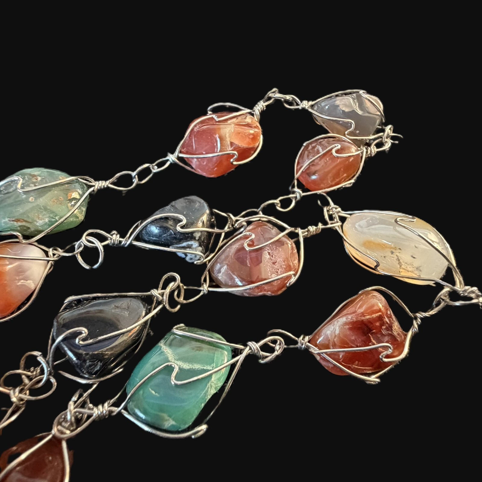 Artisan Wire Wrapped Natural Gemstone Necklace 34″ Endless Large Stone Statement