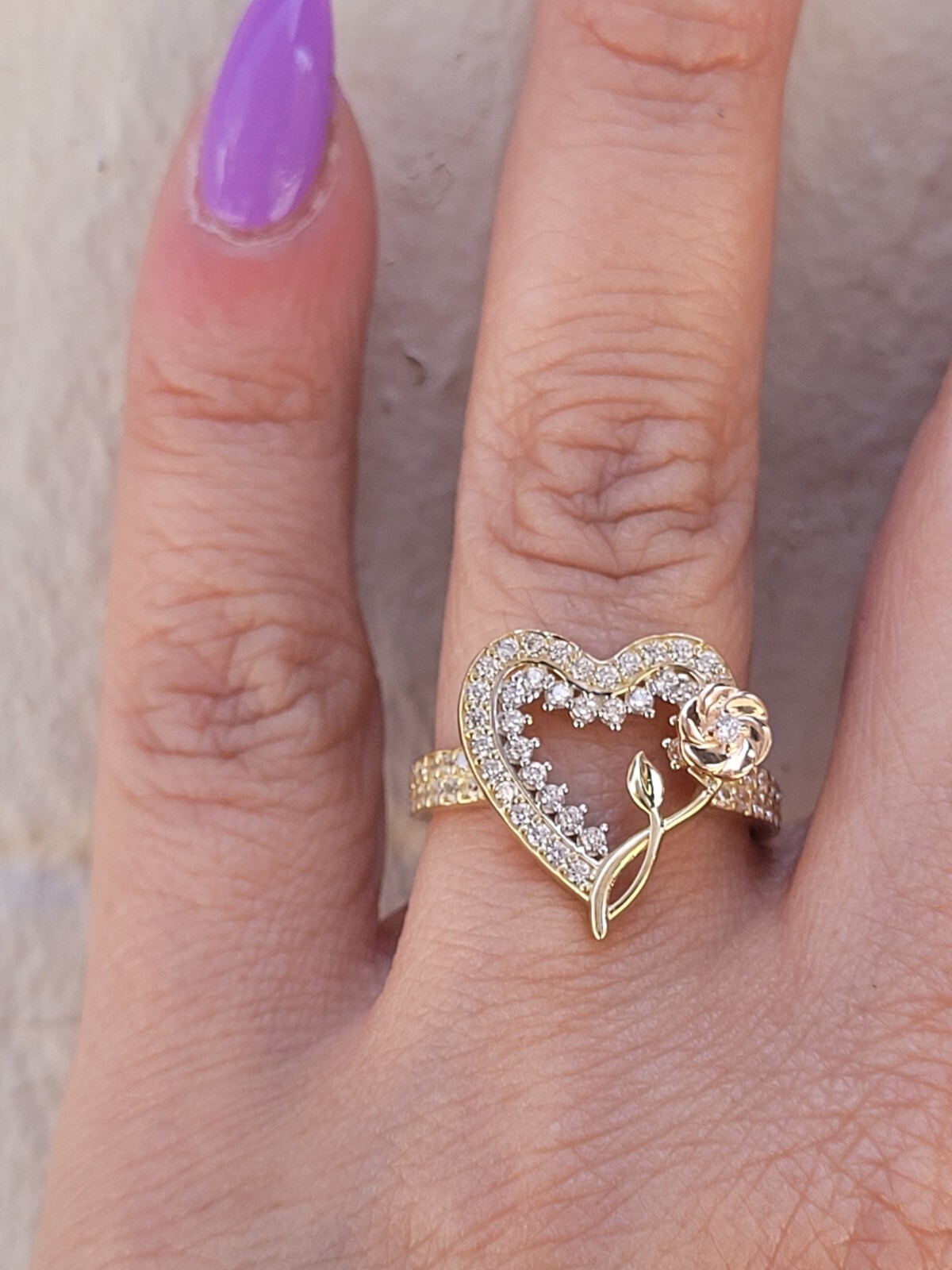 Big Solid 14k rose yellow Gold flower Heart ring size 6789 10