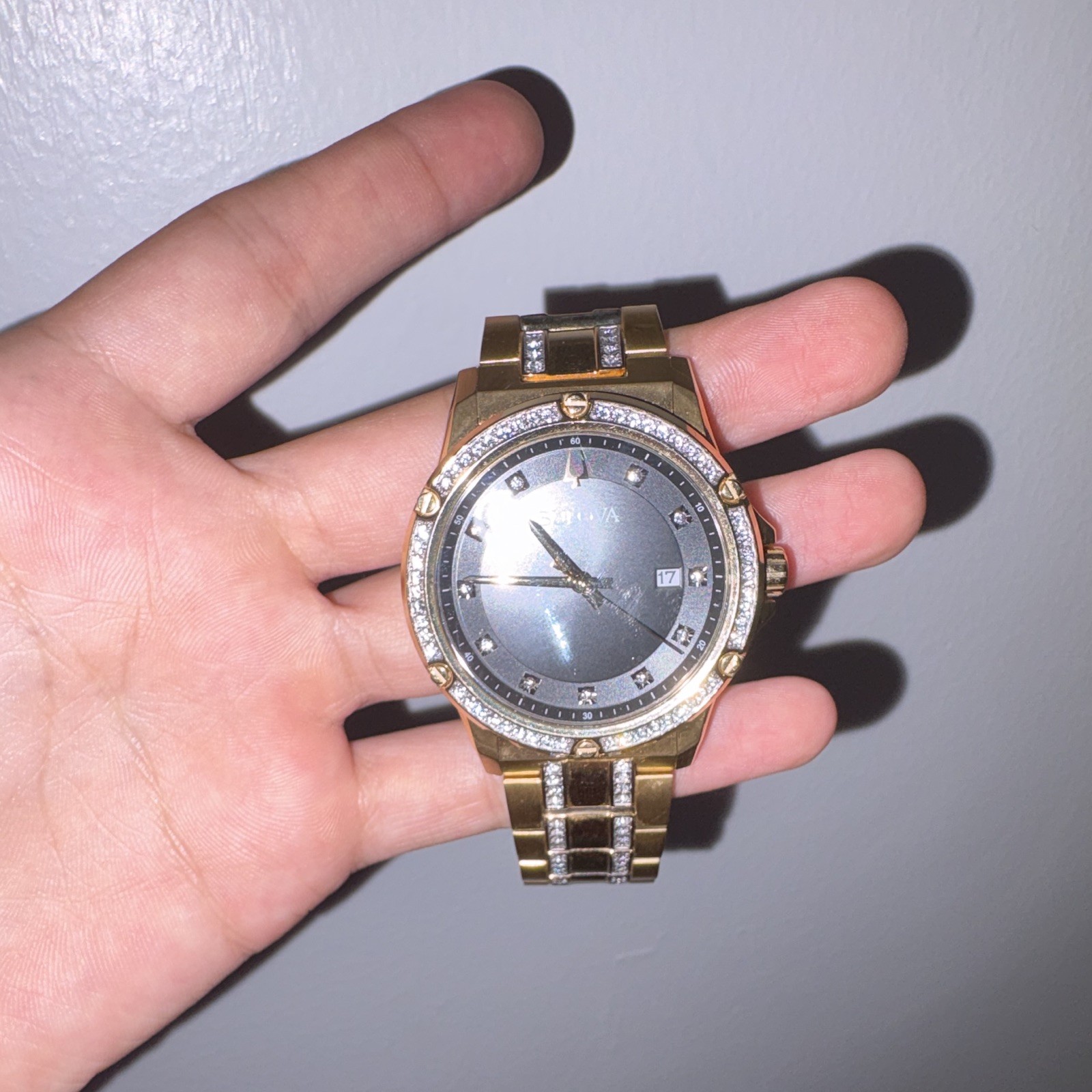 Bulova Men’s Gold Tone Quartz Watch Black Dial Diamond Bezel Date Bracelet
