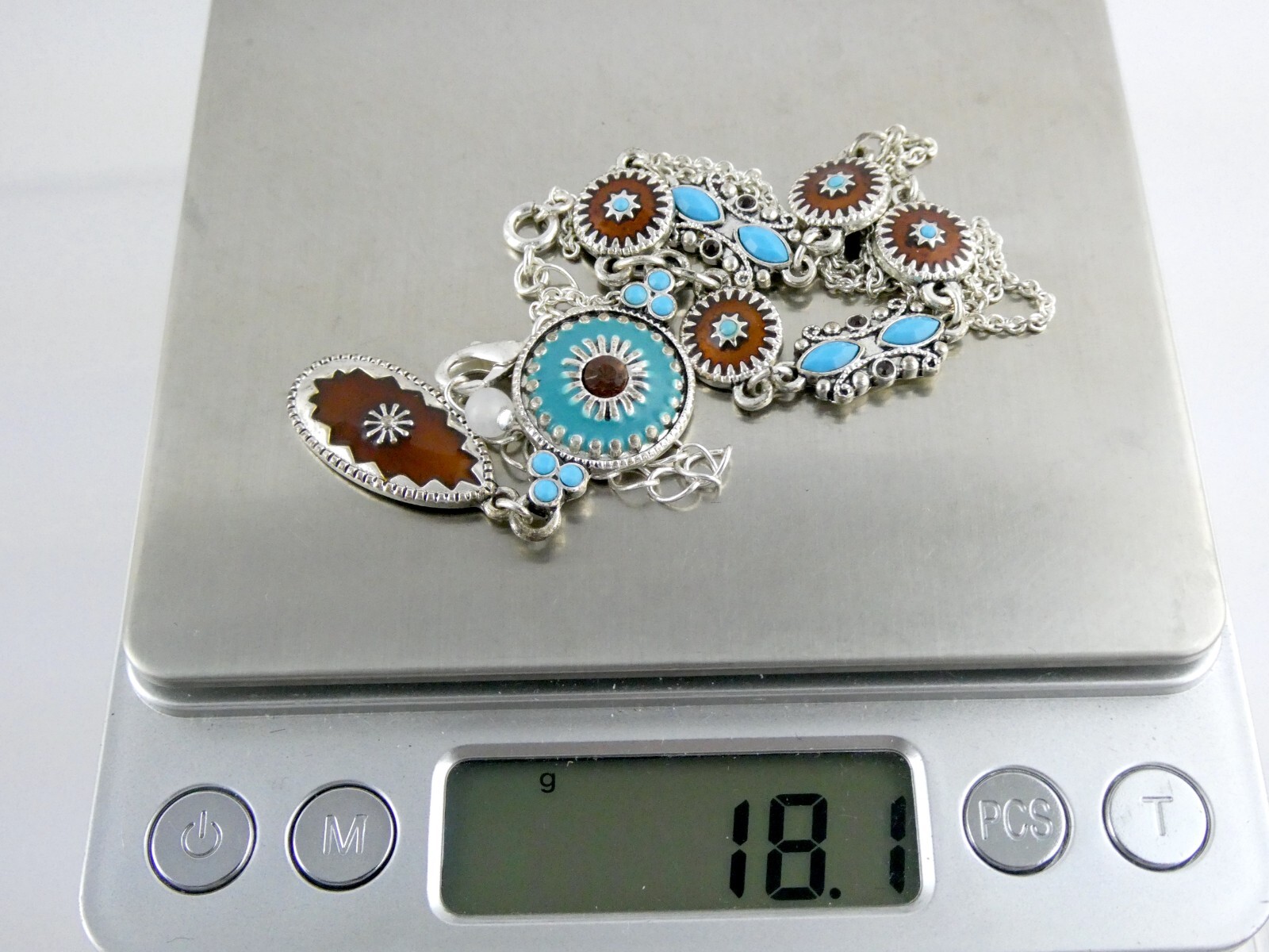 NAT Designer Southwestern Silvertone Metal and Enamel Blue and Brown Necklace