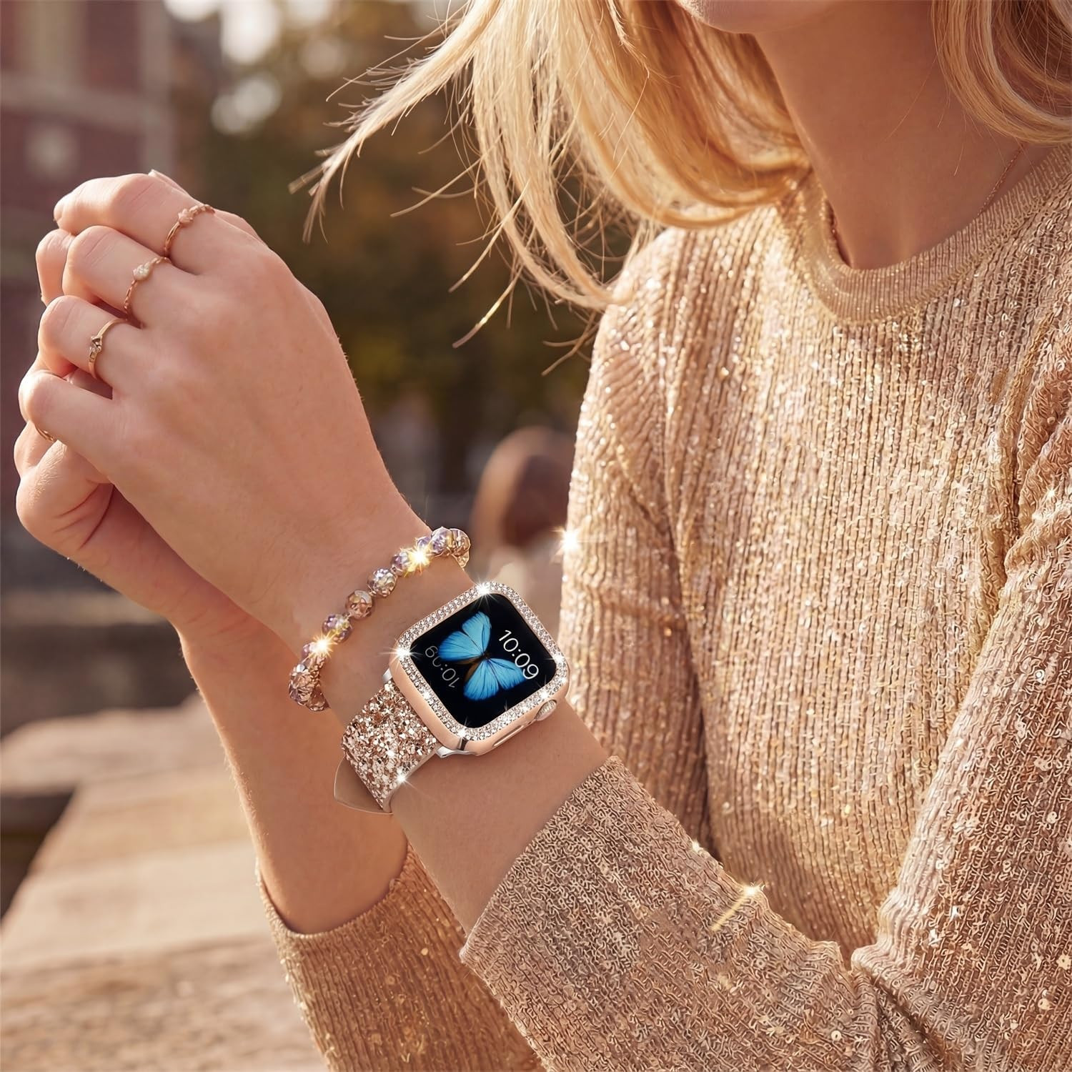 Compatible for Apple Watch Band with Bling Diamond Case 38Mm 40Mm 41Mm 42Mm 44Mm