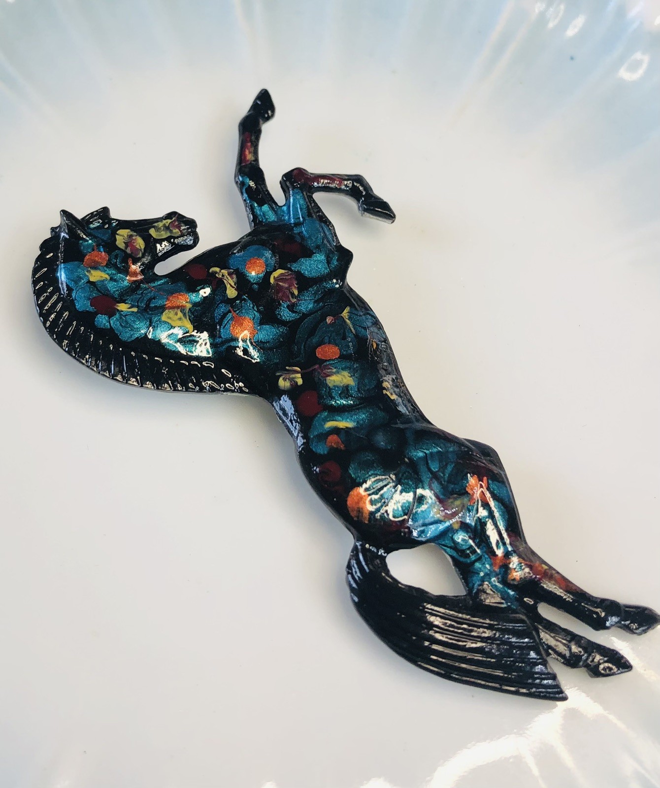 Vintage Black Blue Orange Enamel Painted Horse Brooch/pin
