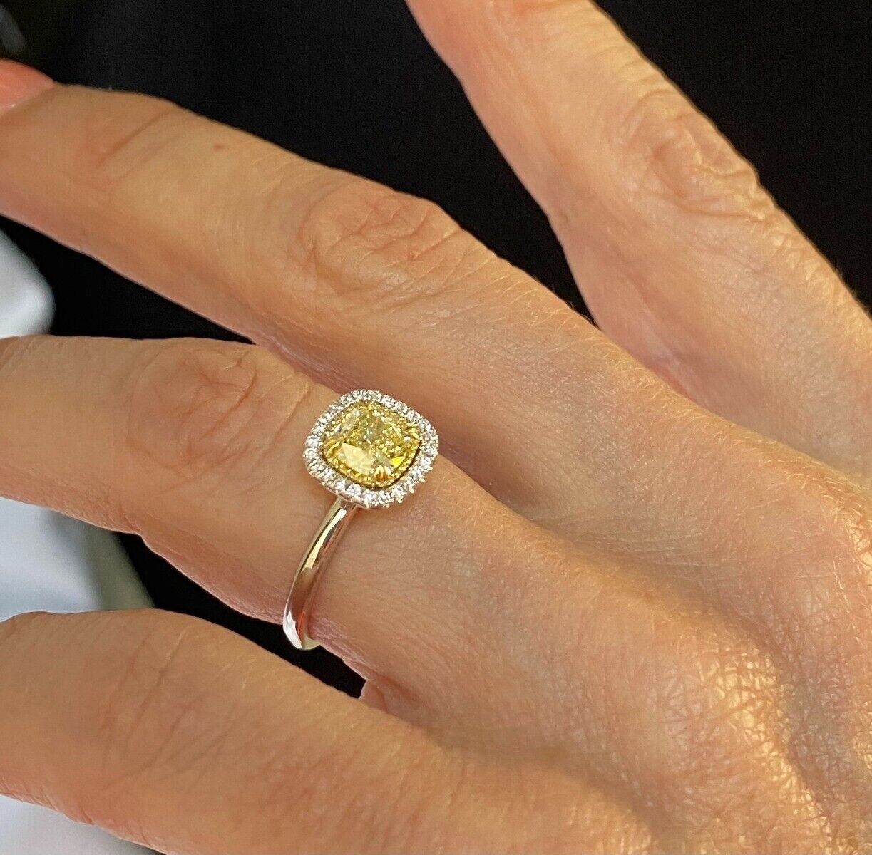 GIA 1.20 TCW Cushion Light Yellow Halo Diamond Engagement Ring 14k White Gold