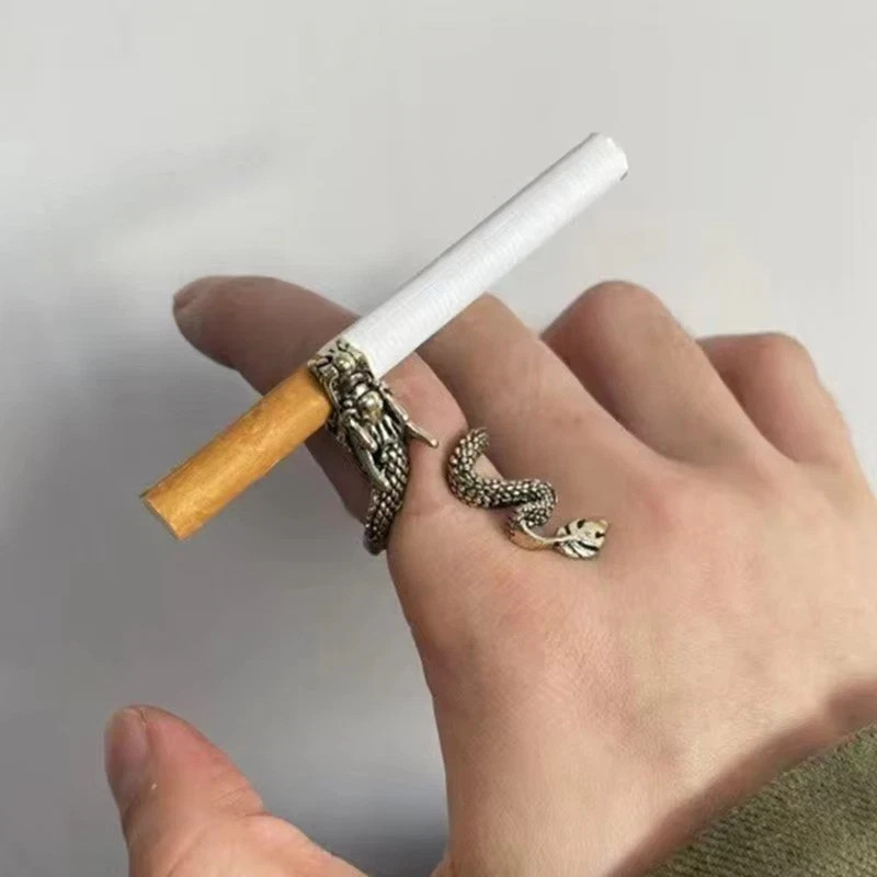Retro Punk Dragon Cigarette Holder Ring for Men Women Bronze Adjustable Ring New