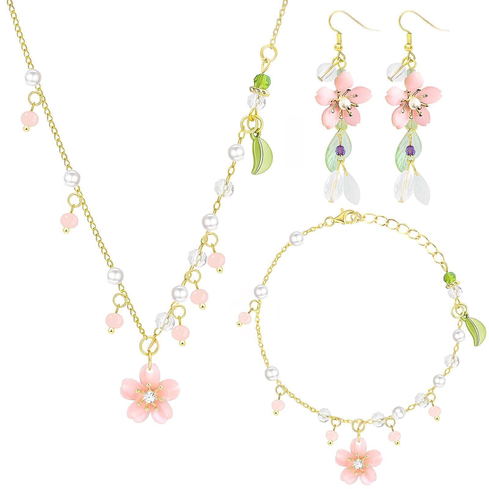 NEWITIN 4 Pieces Flower Jewelry Set for Adjustable, Pink