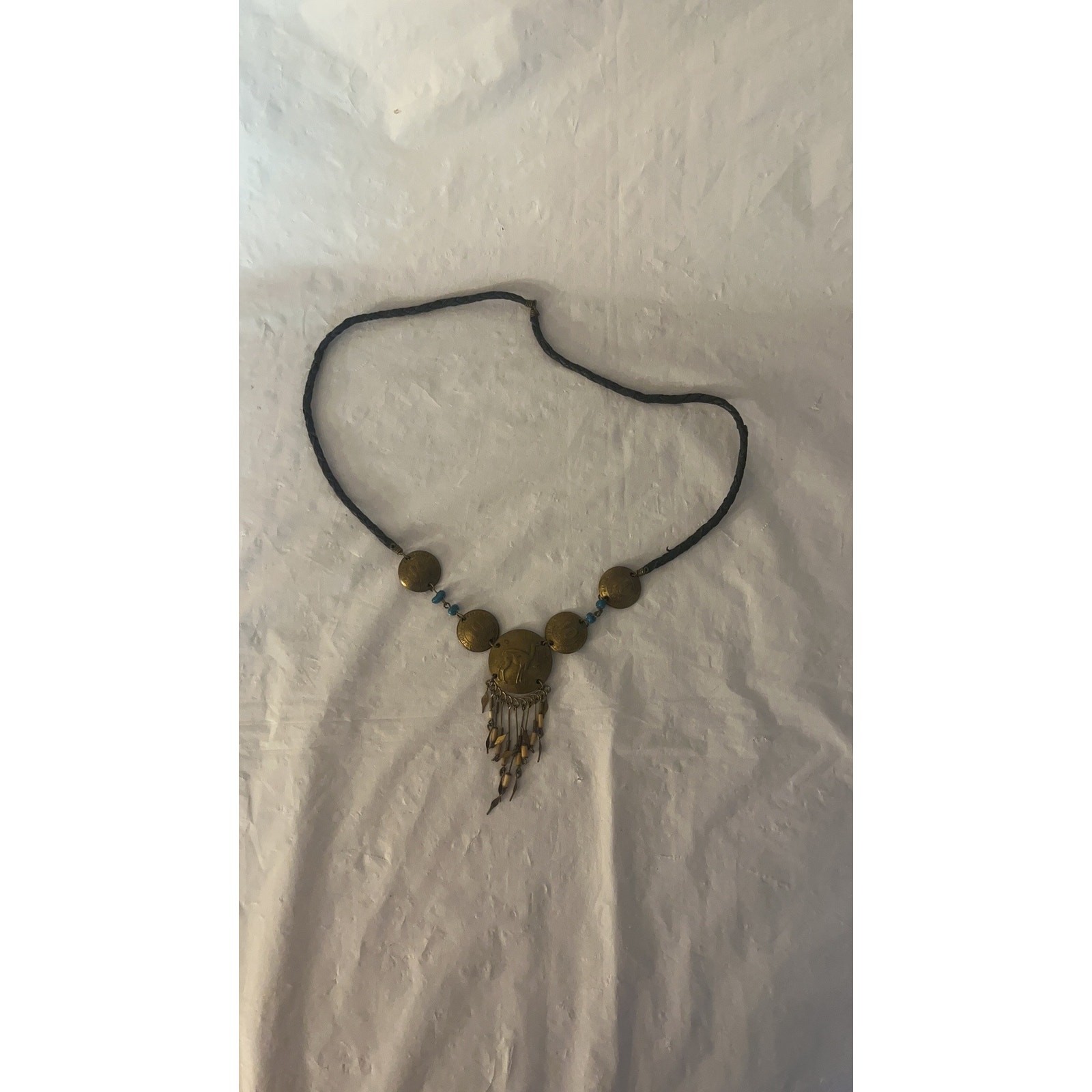 Vtg 70s South American Llama Coin & Bead Statement Necklace Boho Leather Cord