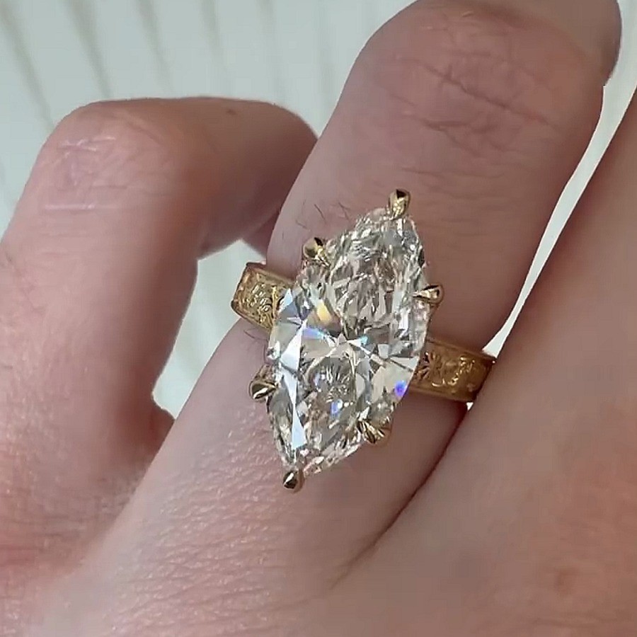 4.21Ctw Marquise Moissanite Engraved Band Engagement Ring 14K Yellow Gold Plated