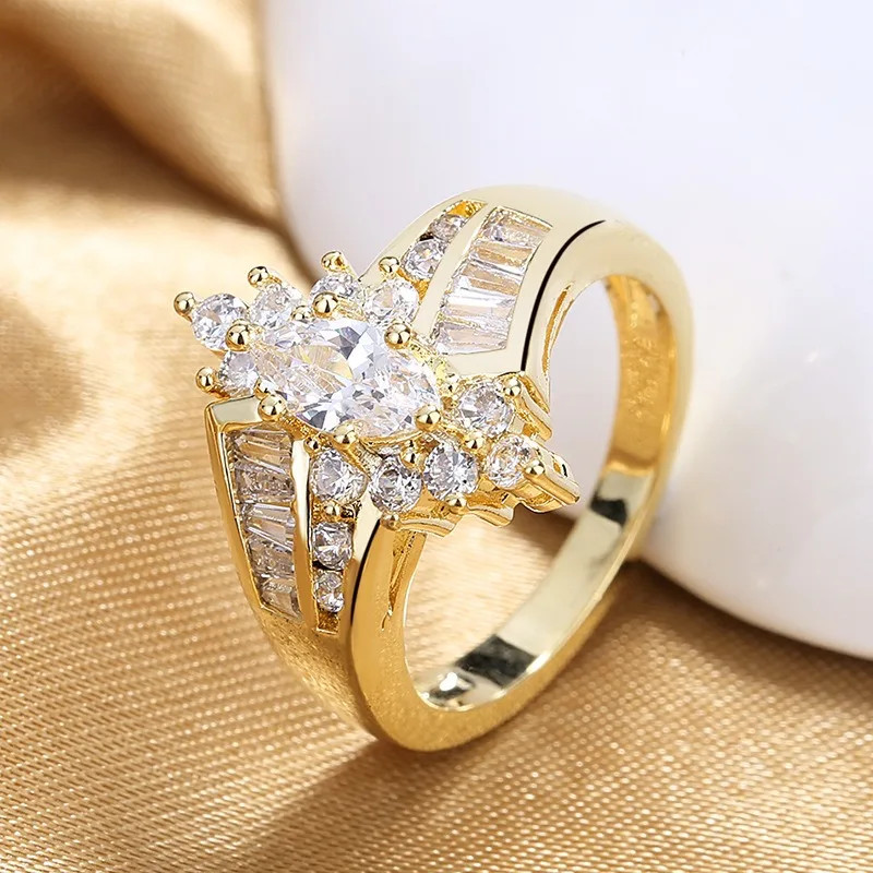 Stainless Steel Ring Marquise Cut Crystal Two Row Wedding Band Women Jewelry