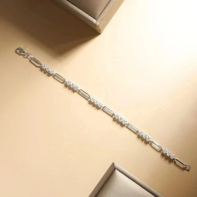 3mm Round Cut Moissanite Paper Clip 8″ Inch Women Bracelet 14K White Gold Plated
