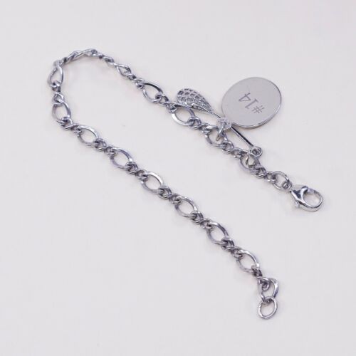 7”, 5mm, vtg Sterling Silver Bracelet, Italy 925 Figaro Chain W/ Tennis Racket