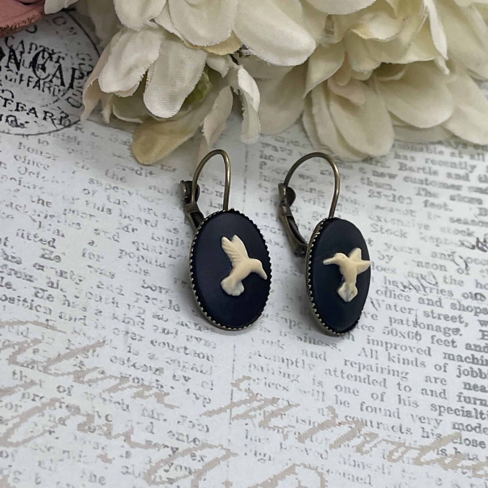 Black White Hummingbird Bird Bronze Boutique French Wire Cameo Earrings Wedding