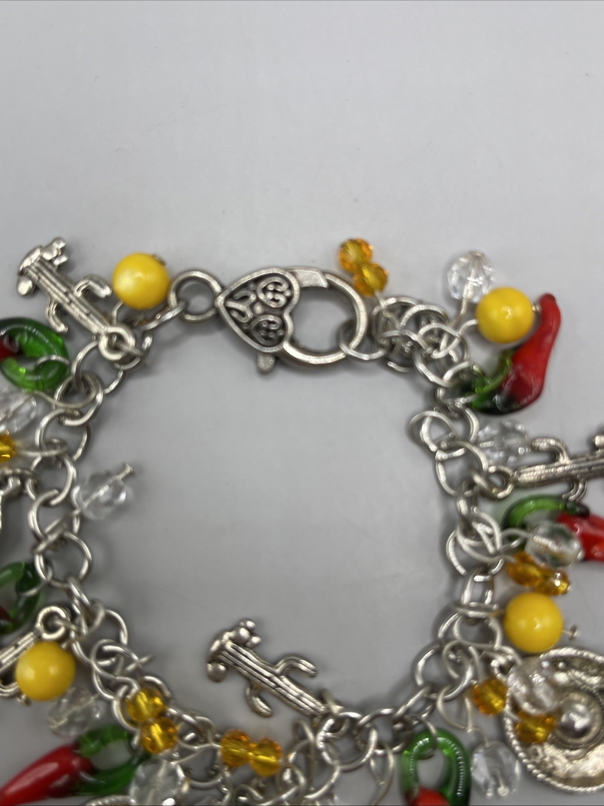Charm Bracelet Jewelry Woman Glass Hot Papper Chili Cactus Sombrero Silver Tone