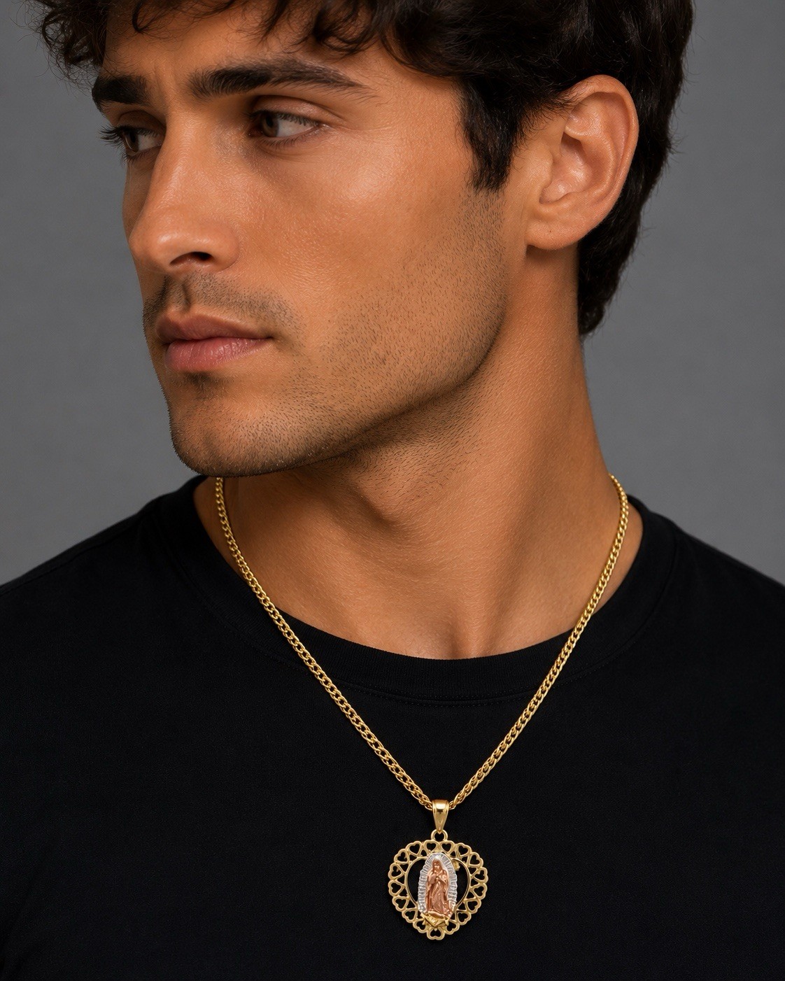 Gold plated none tarnished Cuban Link Chain Round Religious Necklace