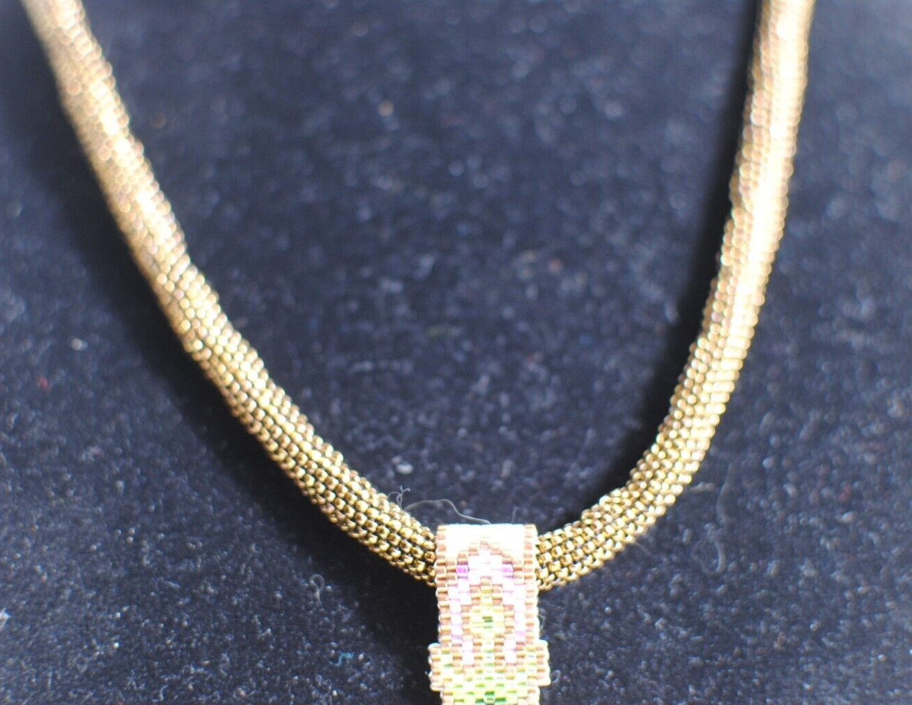 Hand Beaded Artist Design Multi Colored 3″ Pendant 24 inch Gold Beaded Chain