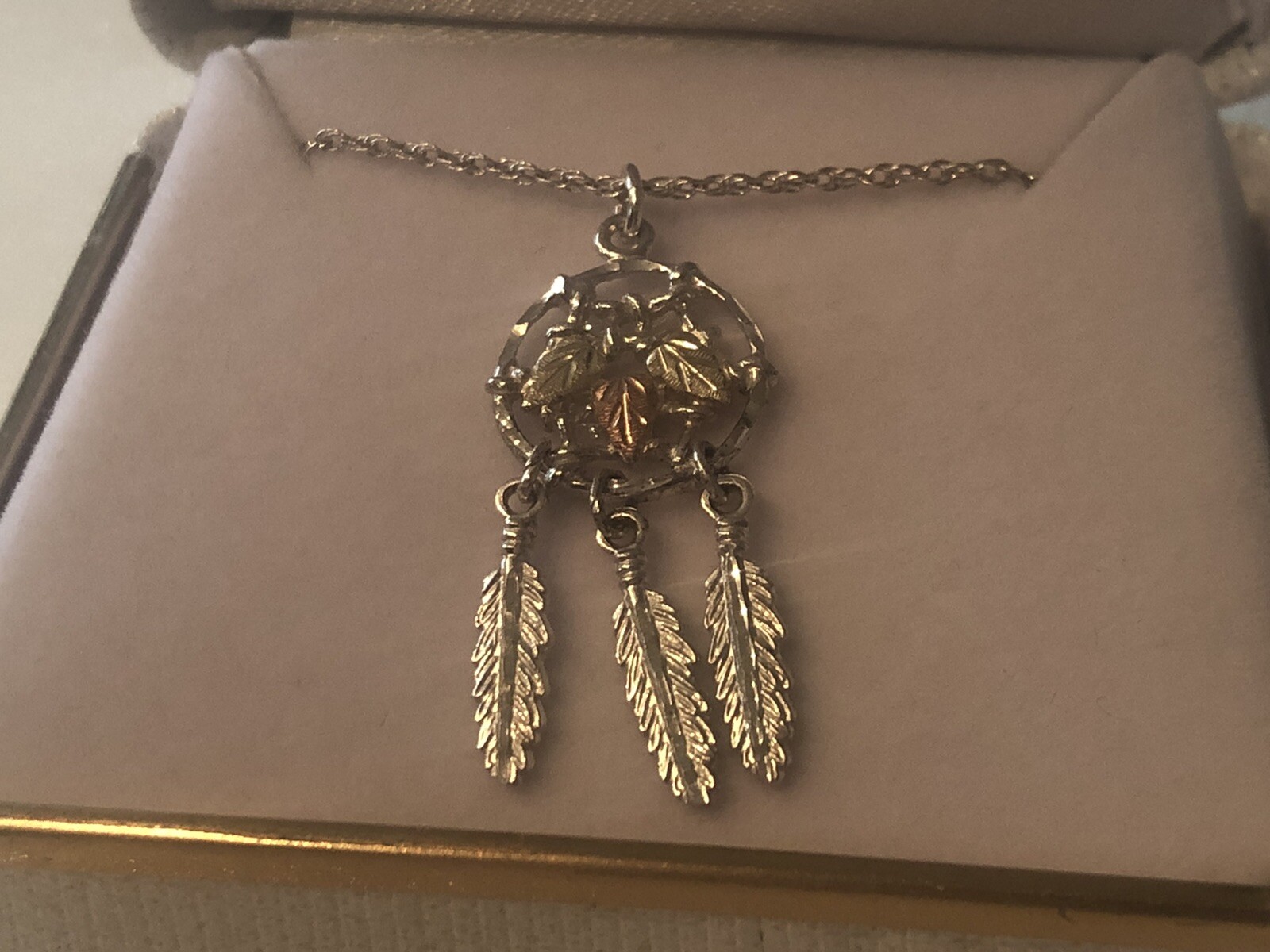 Landstrom’s Black Hills Gold 12K Solid Gold Dreamcatcher Pendant Feather 18in