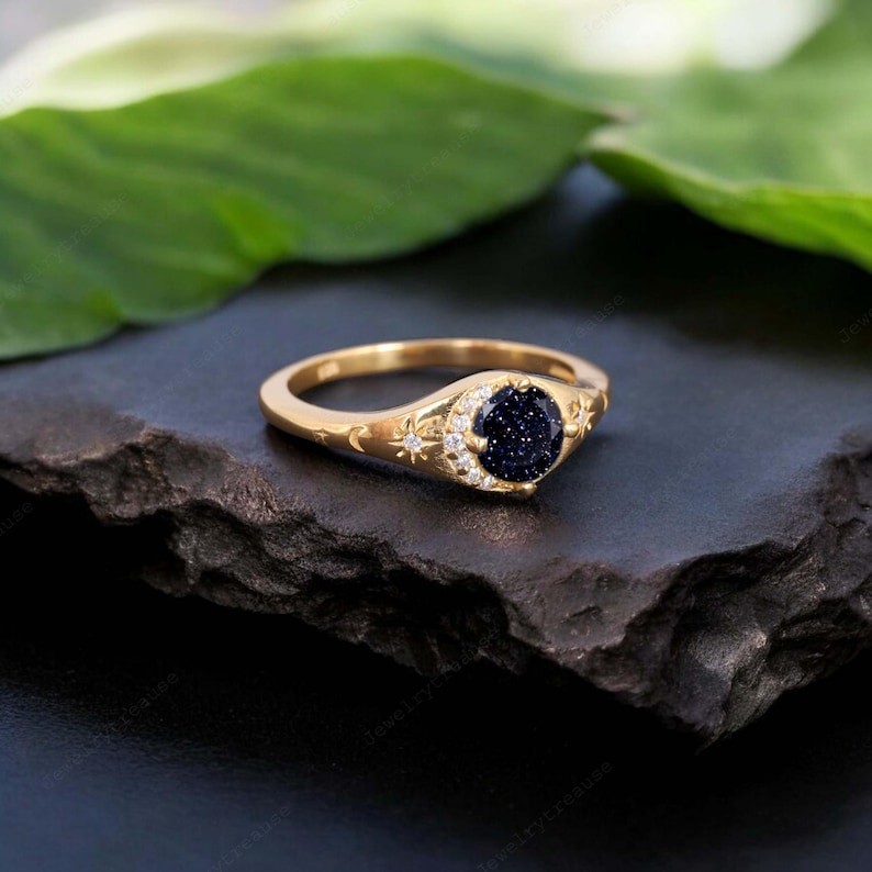 Blue Sandstone Moon Star Ring | Gold Plated Celestial Jewelry Gift for Her