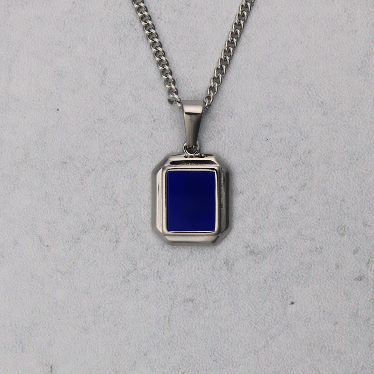 Blue Enamel Pendant Chain Necklace Stainless Steel Minimalist Jewelry