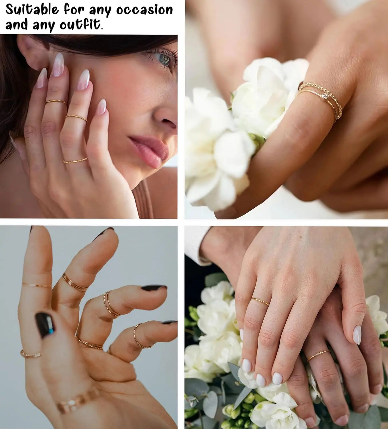 Women Non Tarnish Stackable 1.3mm Thin Ring 14K Gold Plated Dainty Ring Set.