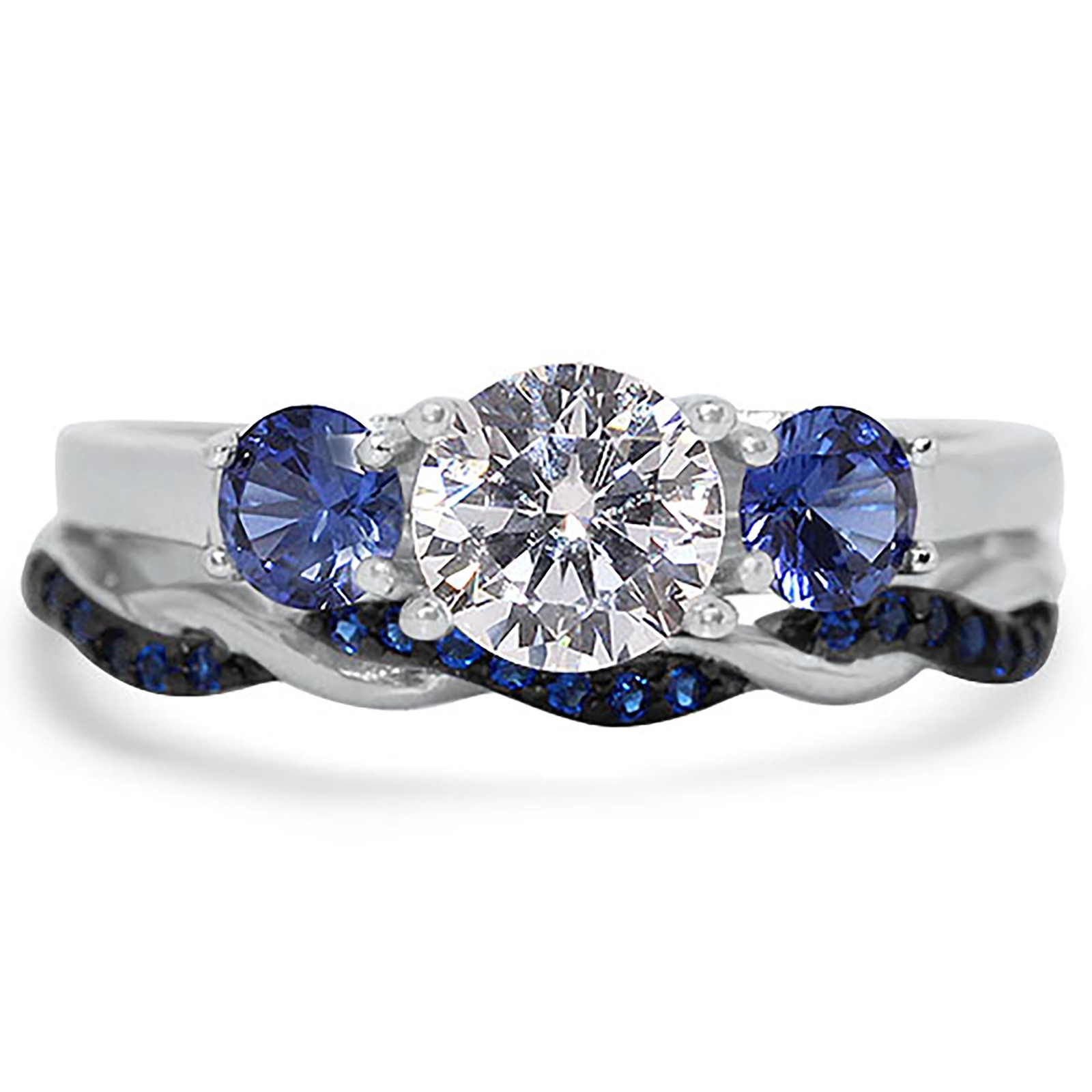 His Her Blue Simulated Sapphire CZ Silver Steel TRIO Wedding Ring Set