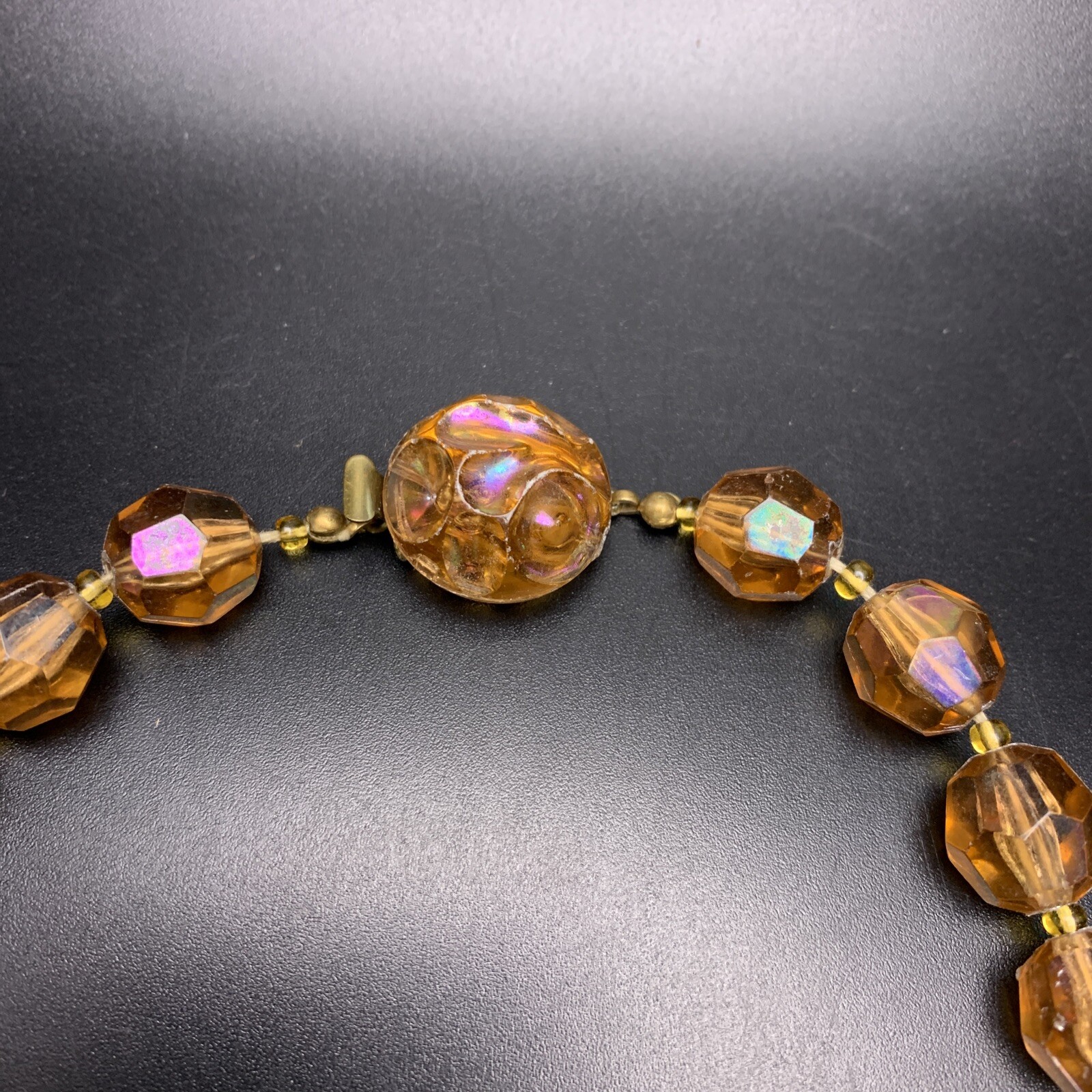Honey Amber Tone Acrylic Bead Necklace Aurora Borealis AB Coated Beaded Vintage