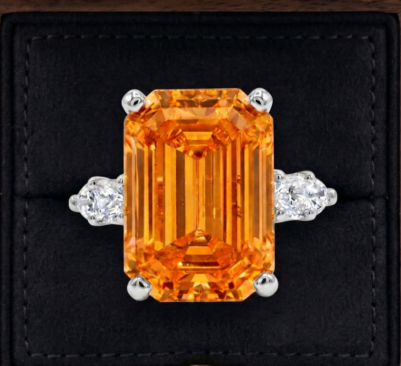 RARE 8.00 Ct Certified Emerald Cut Orange Natural Diamond Ring White Gold Finish