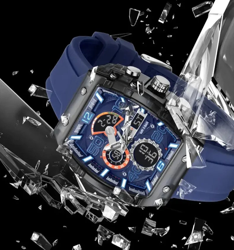 Fashion Men’s Electronic Watch Square Dual Display Waterproof Luminous Multi-Col