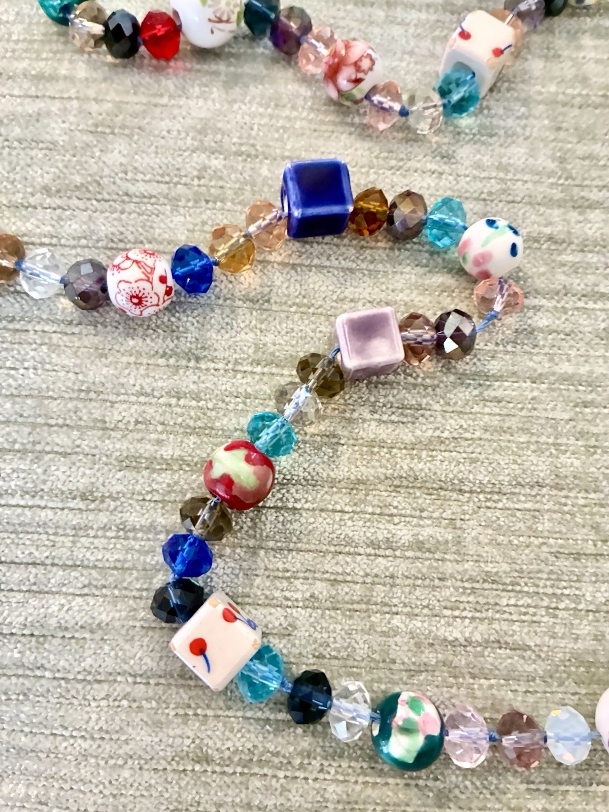 Necklace Colorful Mixed Media~Glass Beads,HandPainted Ceramic Sq/Rnd Beads 22”