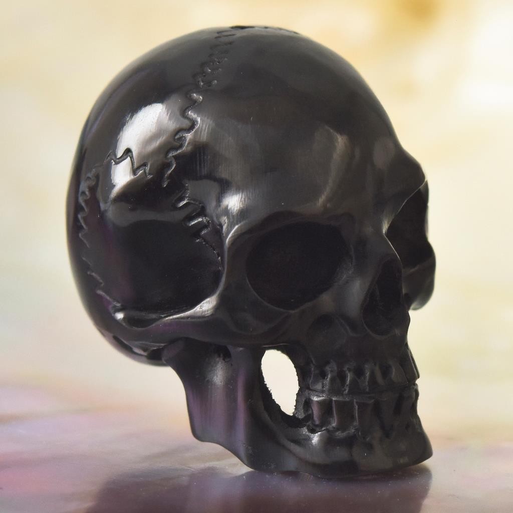 27.22mm Carved Black Horn Human Skull Bead Vertical Drill Jewelry Supply 6.90g