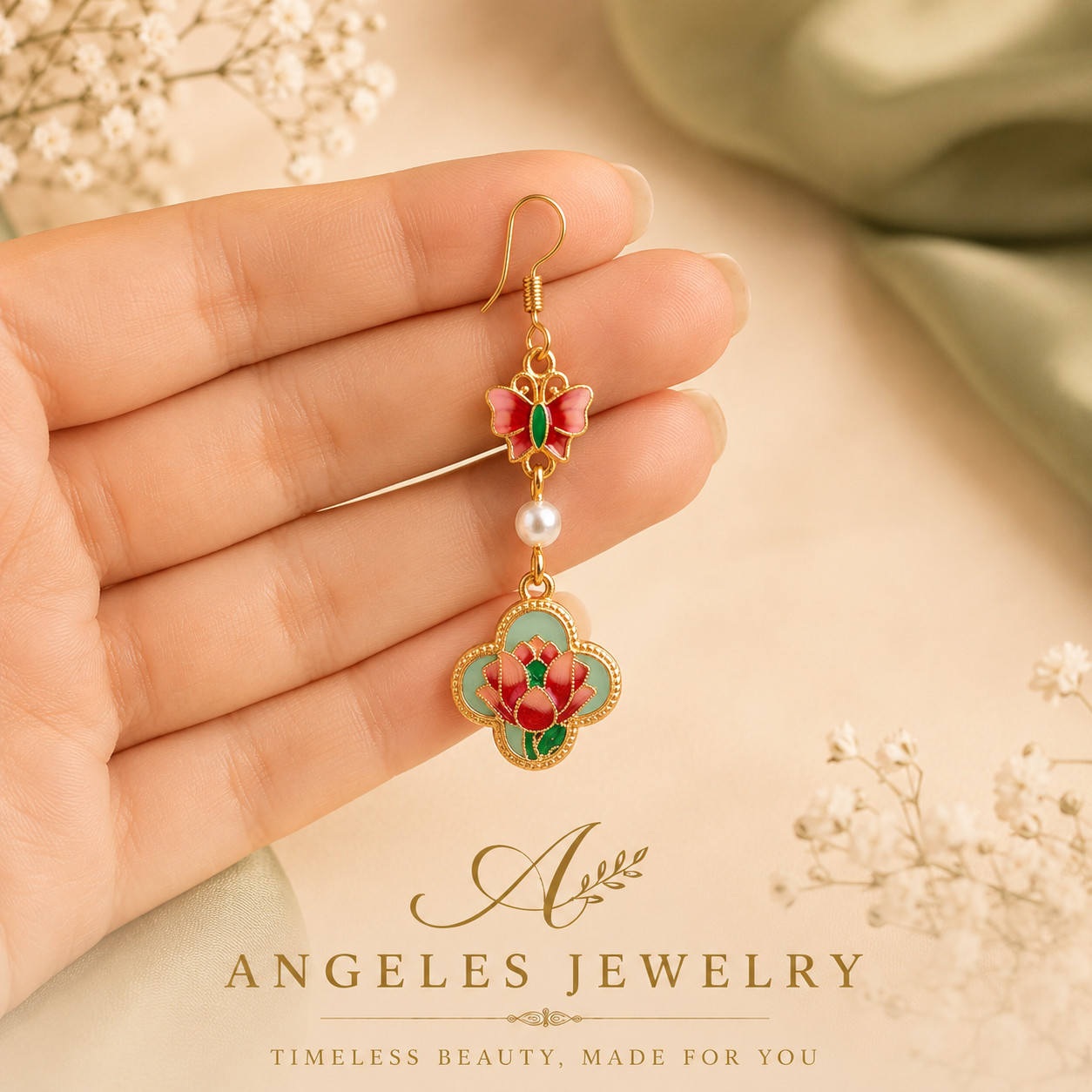 Jade Pearl Dangle Earrings Boho Butterfly Flower Dainty Gemstone 18K Gold Plated