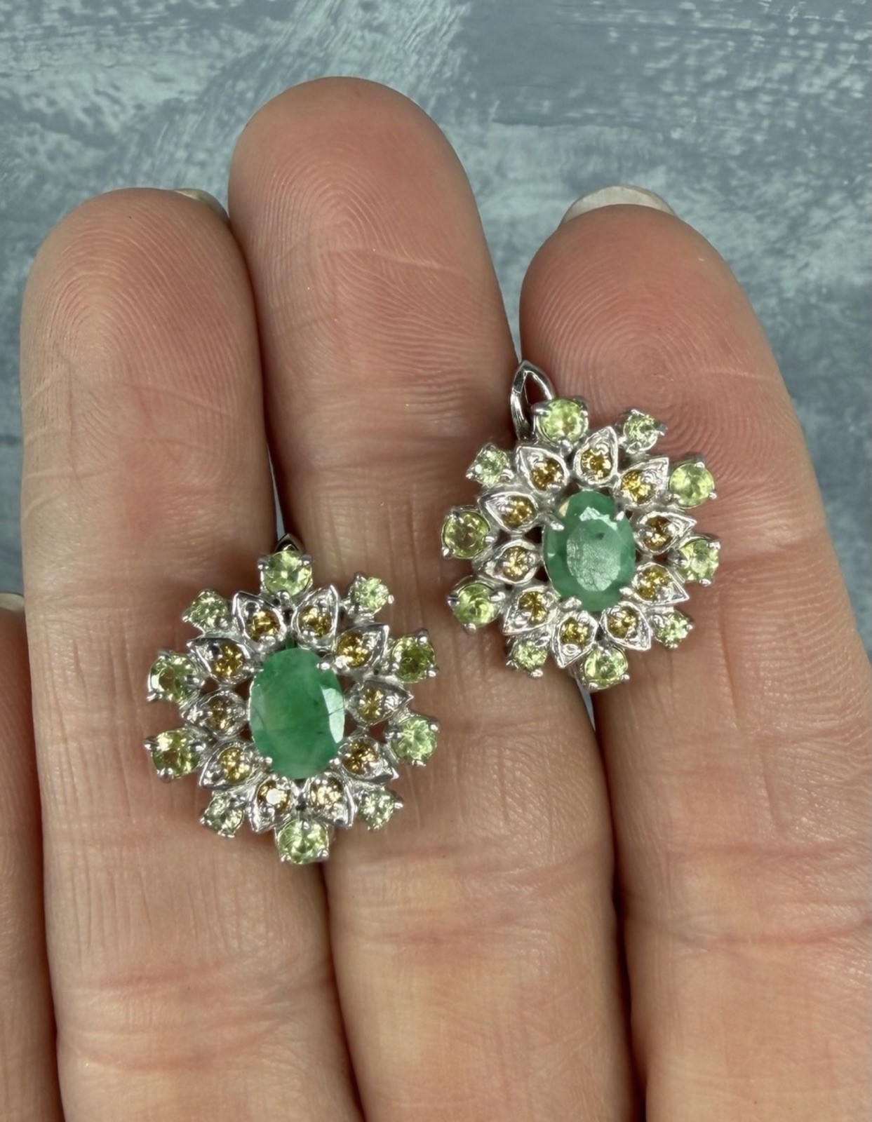 Breathtaking Natural Emerald, Peridot & Sapphire Earrings 925 Sterling Silver