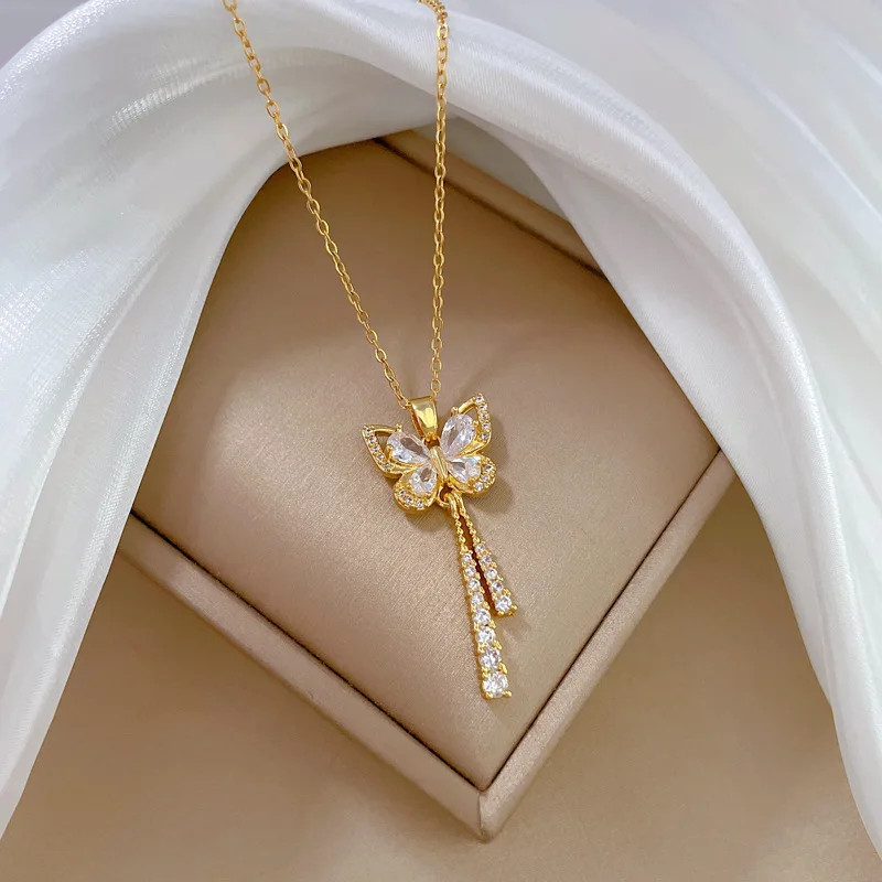 Women’s Fashion Jewelry Gold Cubic Zircon Butterfly Pendant Necklace 588