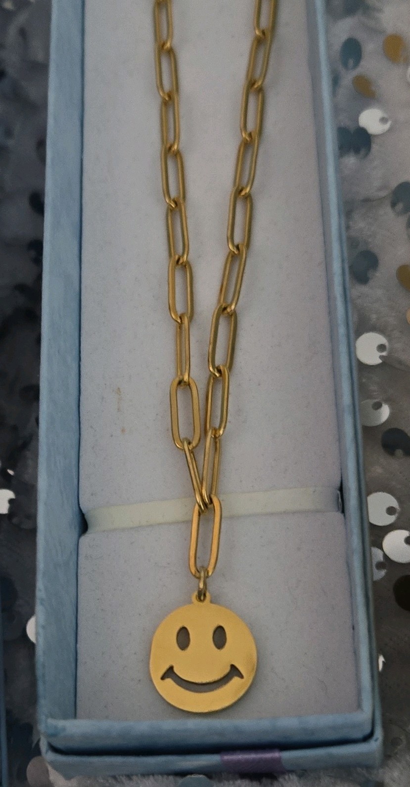 Gold Tone Bar Link Chain Necklace Enamel Round Smiley Charm Pendant