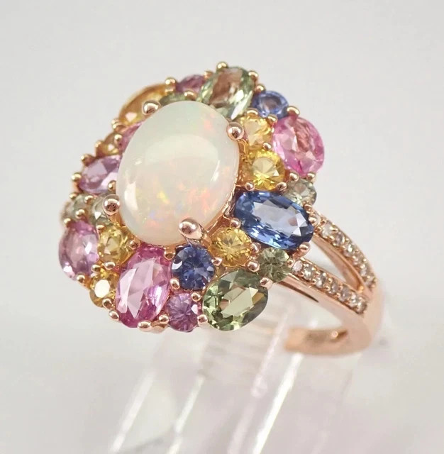 14K Rose Gold Plated 3Ct Oval Opal Multi Color Sapphire Halo Engagement Ring