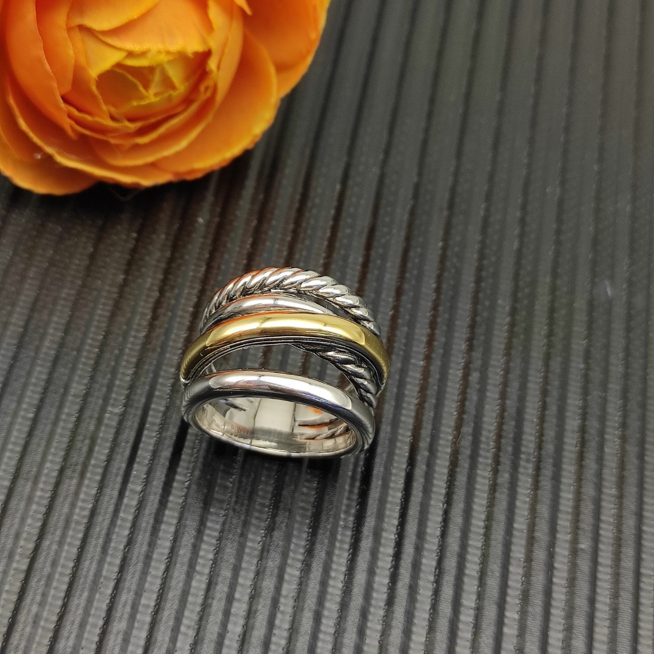 David Yurman Sterling Silver Crossover Five Row Ring with 18k Gold Size 8