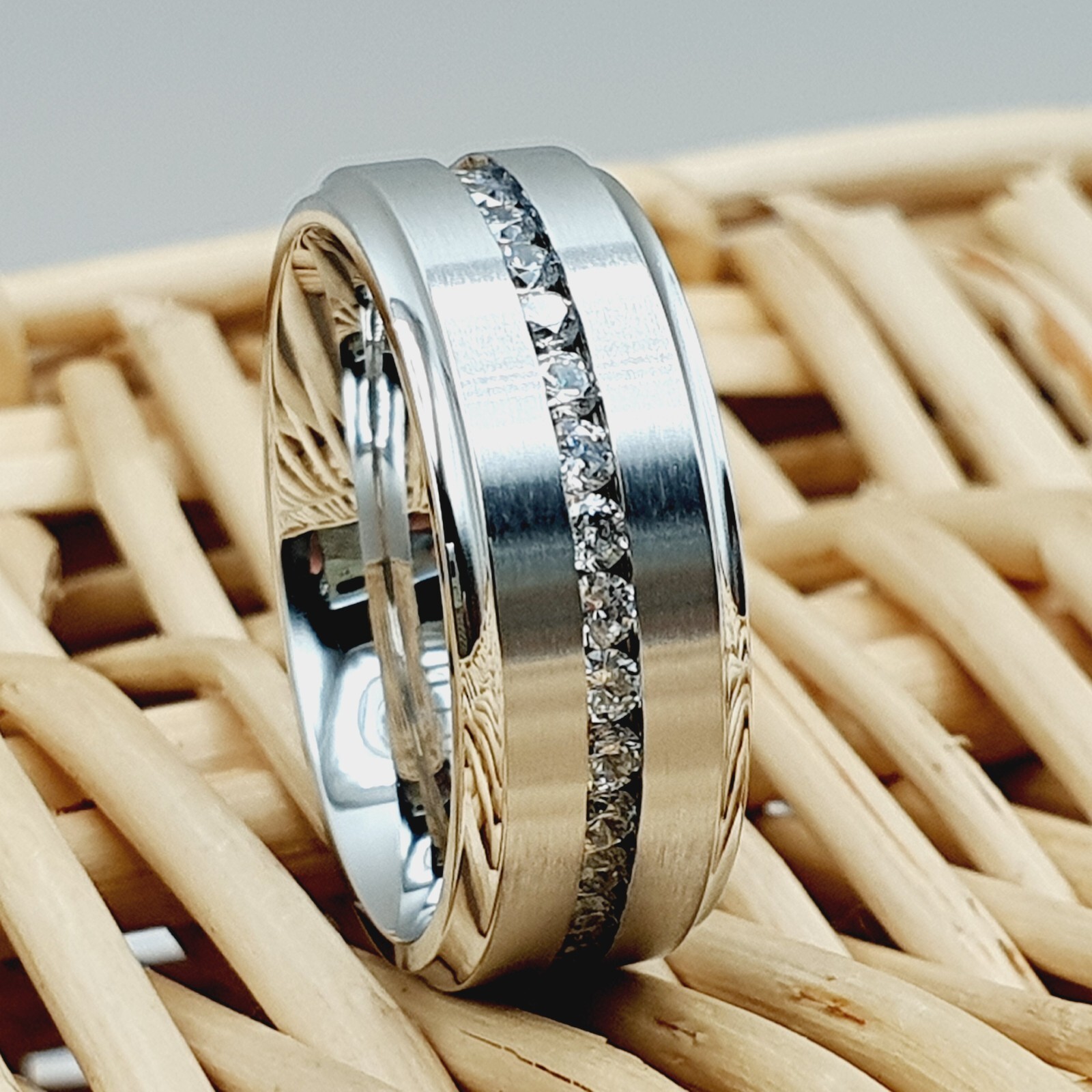 Men’s Brushed Domed Silver Titanium Band CZ Eternity Inlay and Comfort Fit Ring