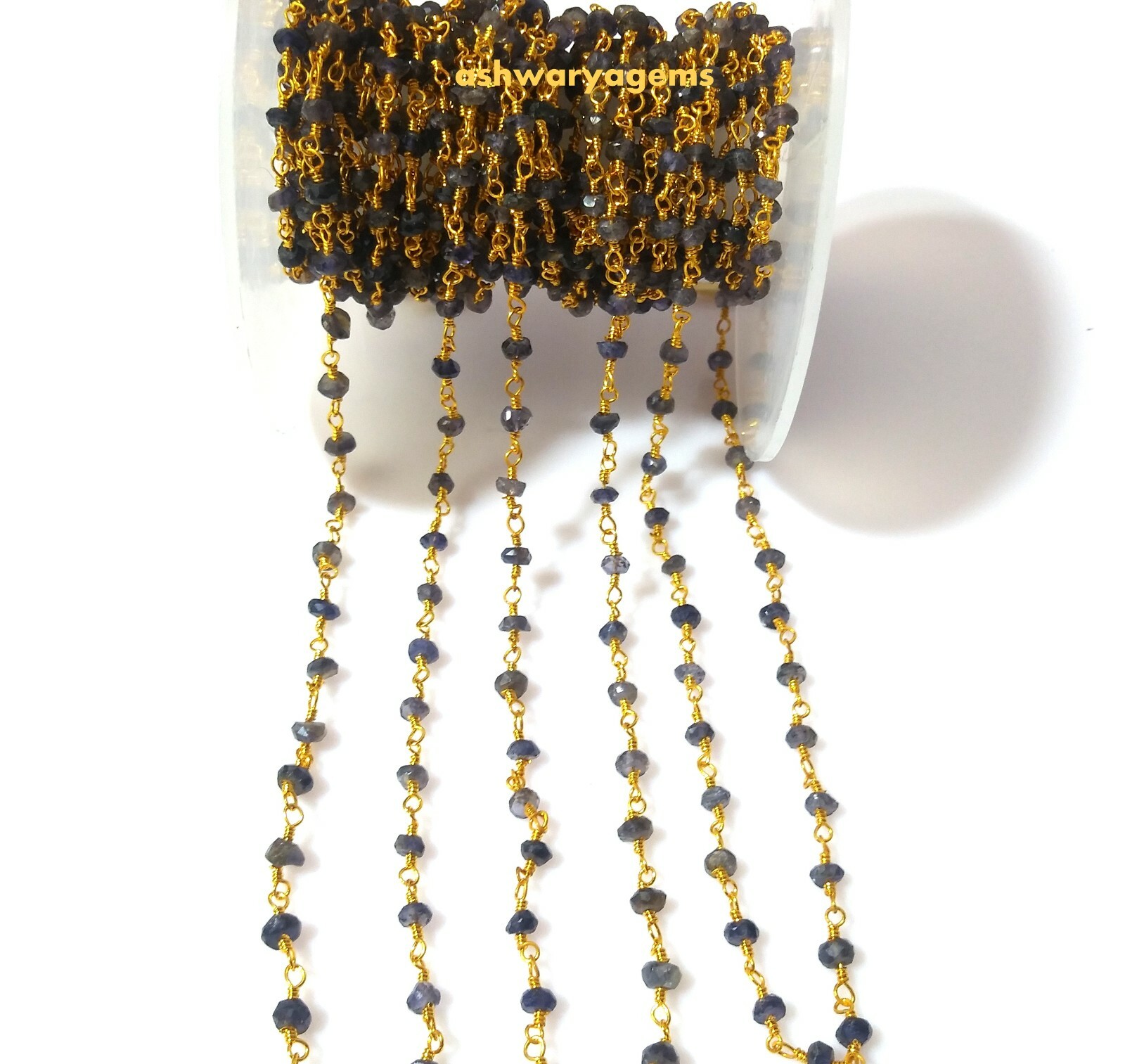 Beaded Chain Iolite Roundelle Faceted 3-4mm Rosary 3 Feet 24k Gold Plated Beads