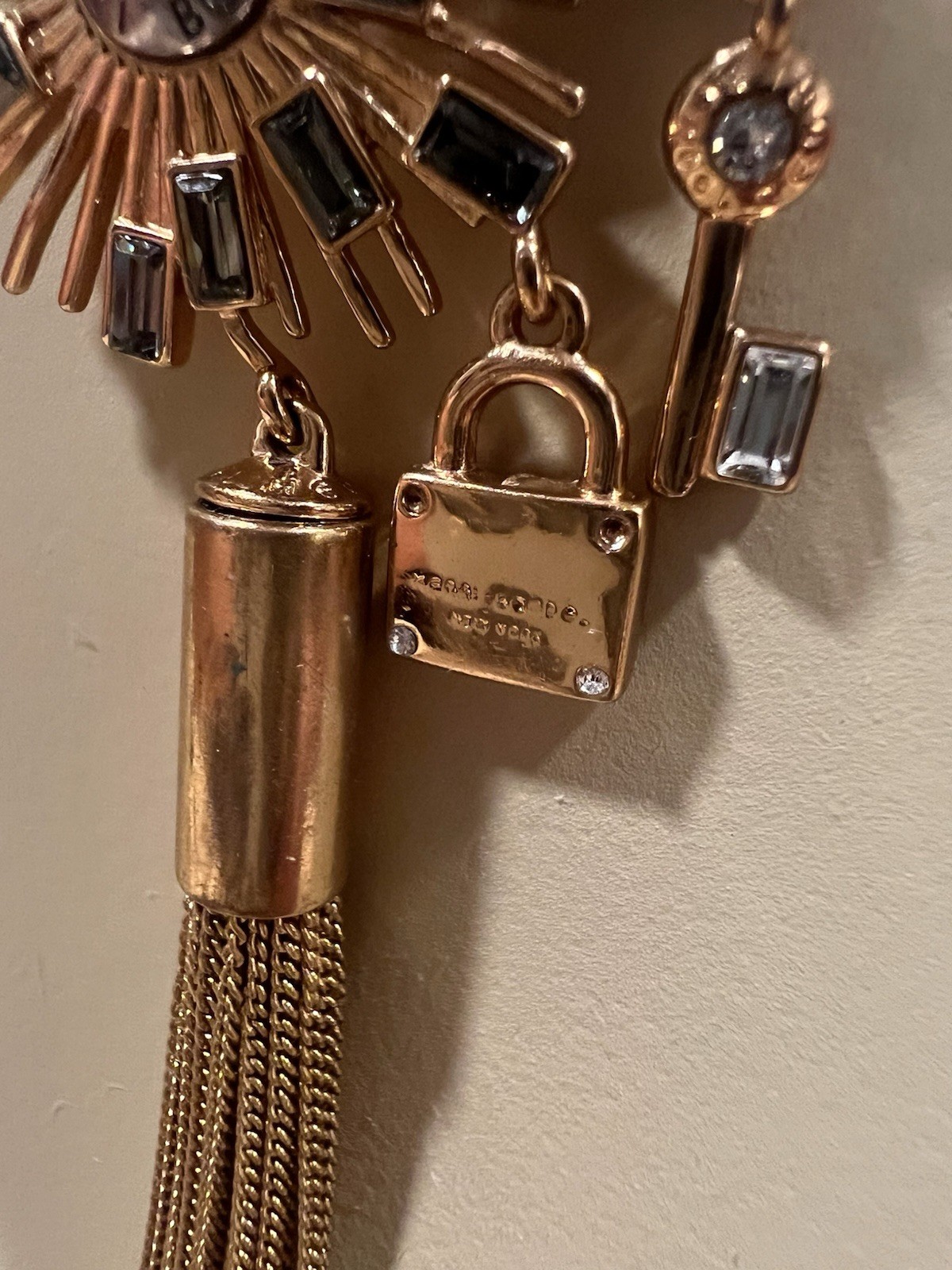 Henri Bendel 712 NY Crystal Padlock Key Statement Tassel Necklace Long 32″
