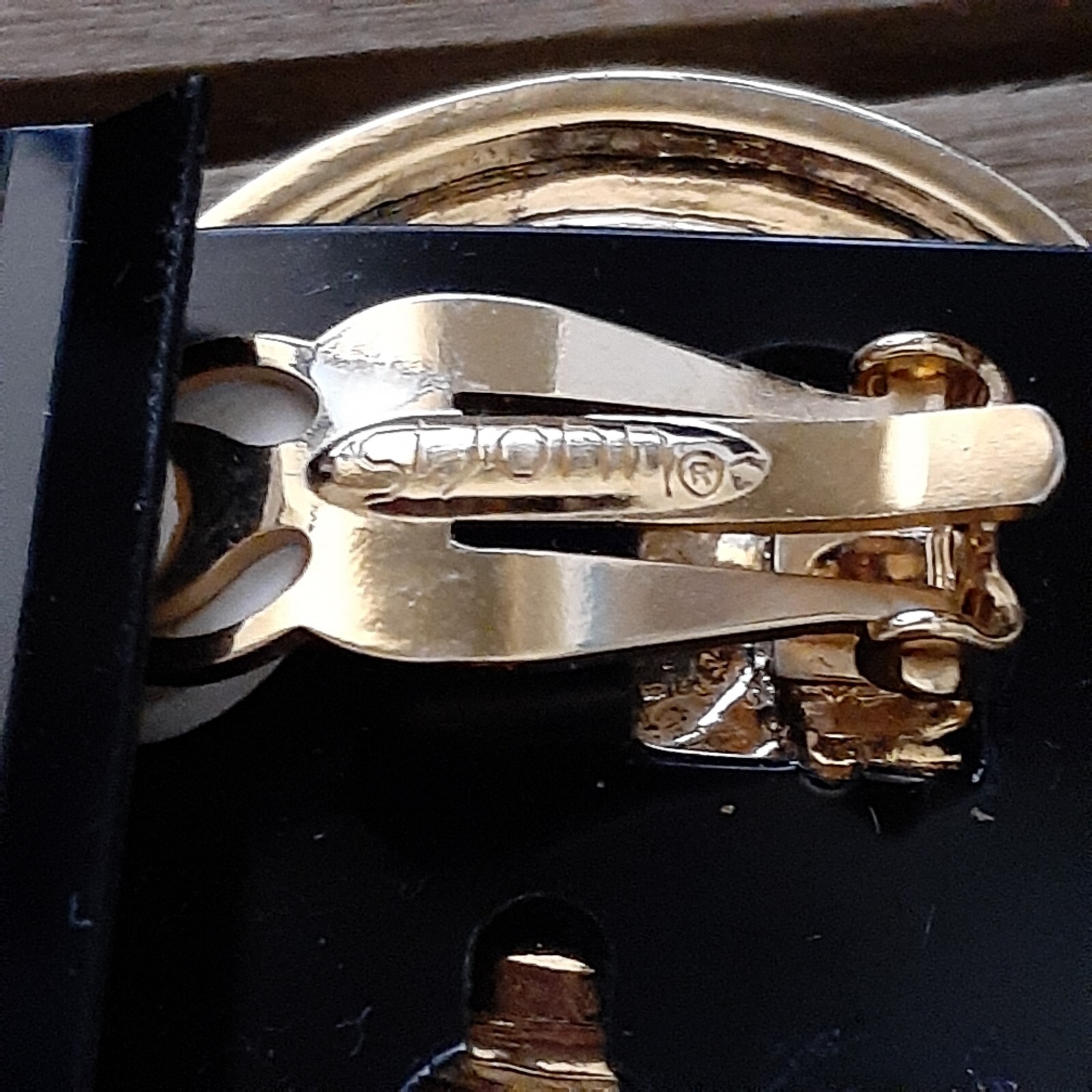 VTG St John Earrings Cruise Nautical Anchor Spell Out Clip On Black Enamel Gold