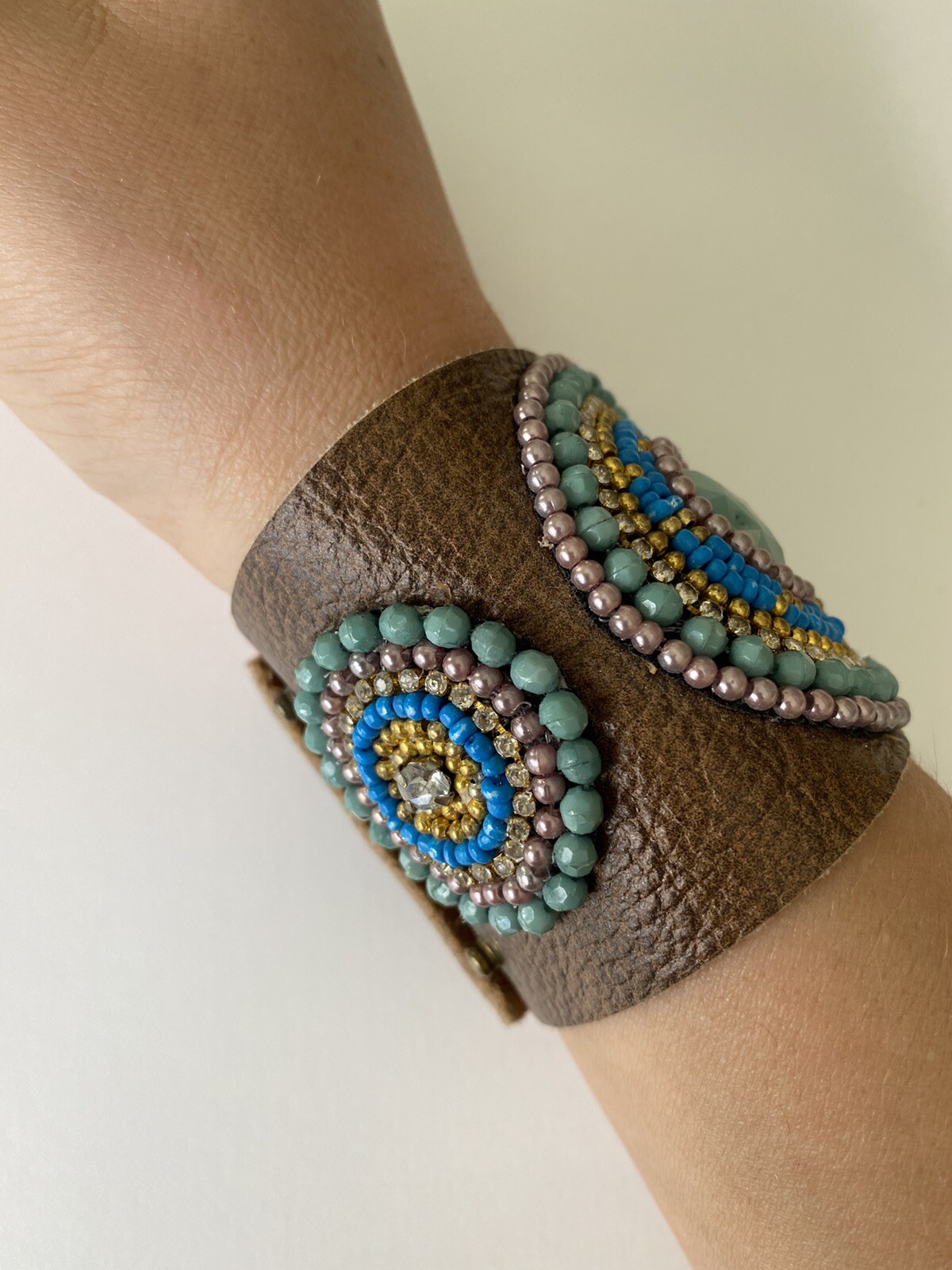 Handmade Faux Blue Green Gold Seed Stone Genuine Brown Leather Bracelet Sz S