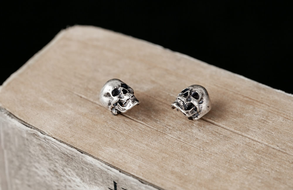 Gothic S925 Sterling Silver Skull Tiny Small Stud Post Earrings Lightweight Cute