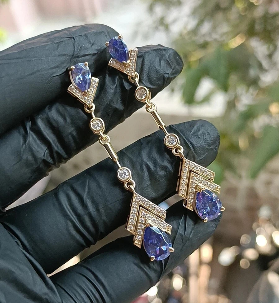 3.00 Ct Pear Cut Natural Tanzanite Drop/Dangle Earrings 14k Yellow Gold