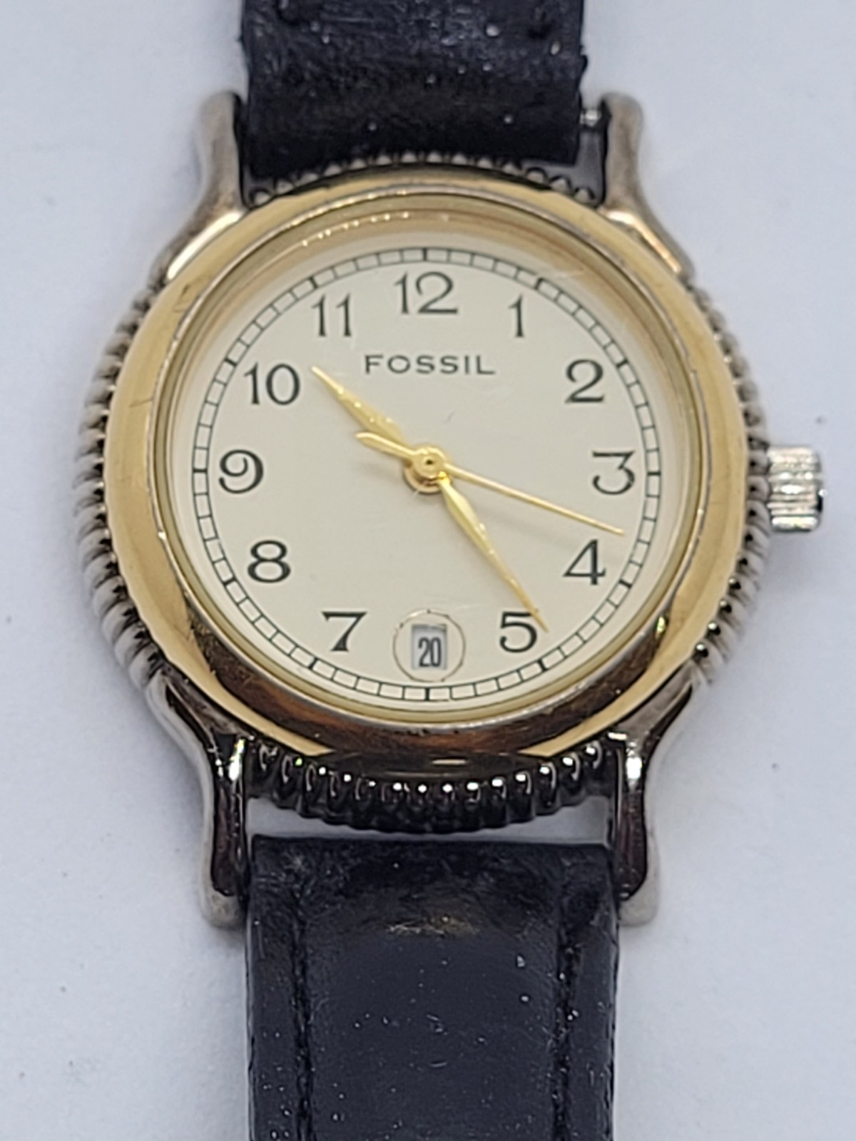 Fossil EC-6841 Women Watch Gold Silver Stainless Black Leather Date Window (57)