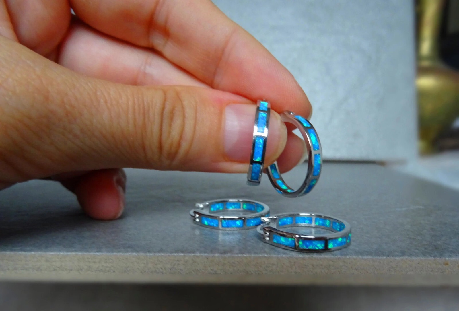 Blue Opal Hoop Earrings Fire Opal Huggies Opal Hoops Silver Stainless Steel Both Sided New