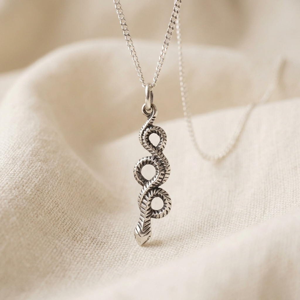 925 Sterling Silver Snake Charm, Coiled Serpent Pendant Necklace, Gothic Jewelry
