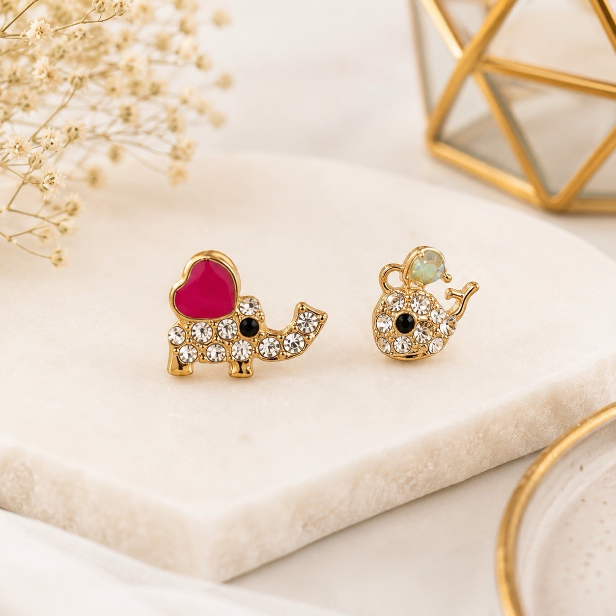 Lot 2 Pairs Heart & Elephant Rhinestone Stud Earrings Gift Box Included