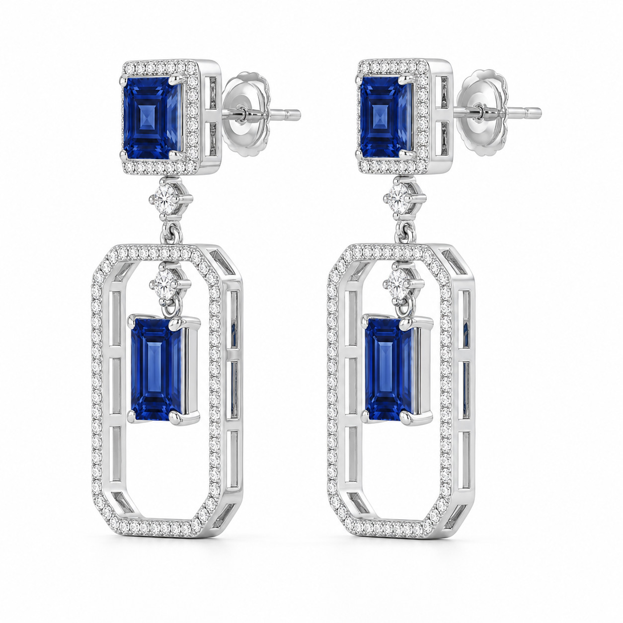 925 Sterling Silver Lab Grown Blue Sapphire Asscher Cut Moissanite Drop Earrings