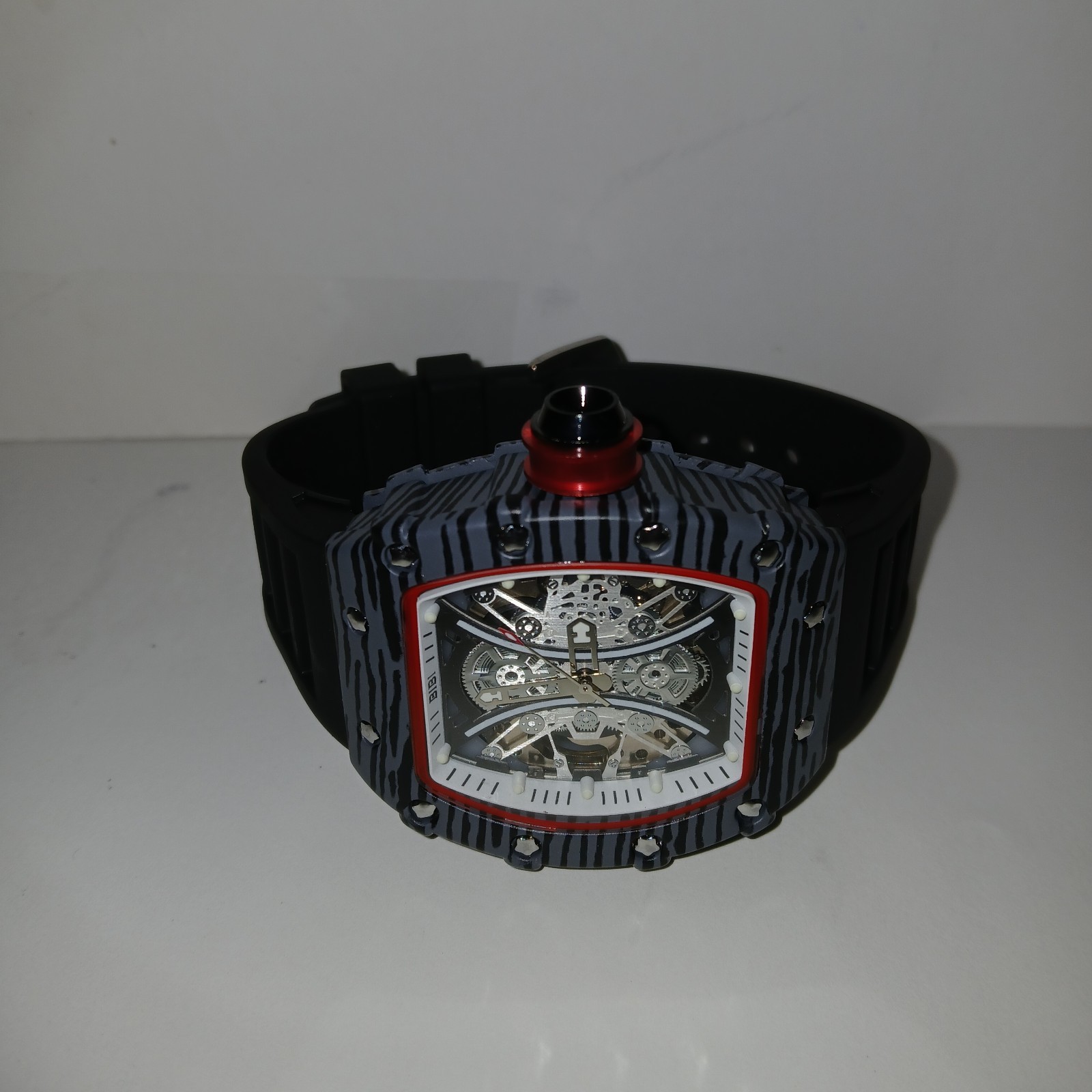 ​BiBi Luxury Skeleton Dial Quartz Watch Men’s Tonneau Case Black Rubber Strap